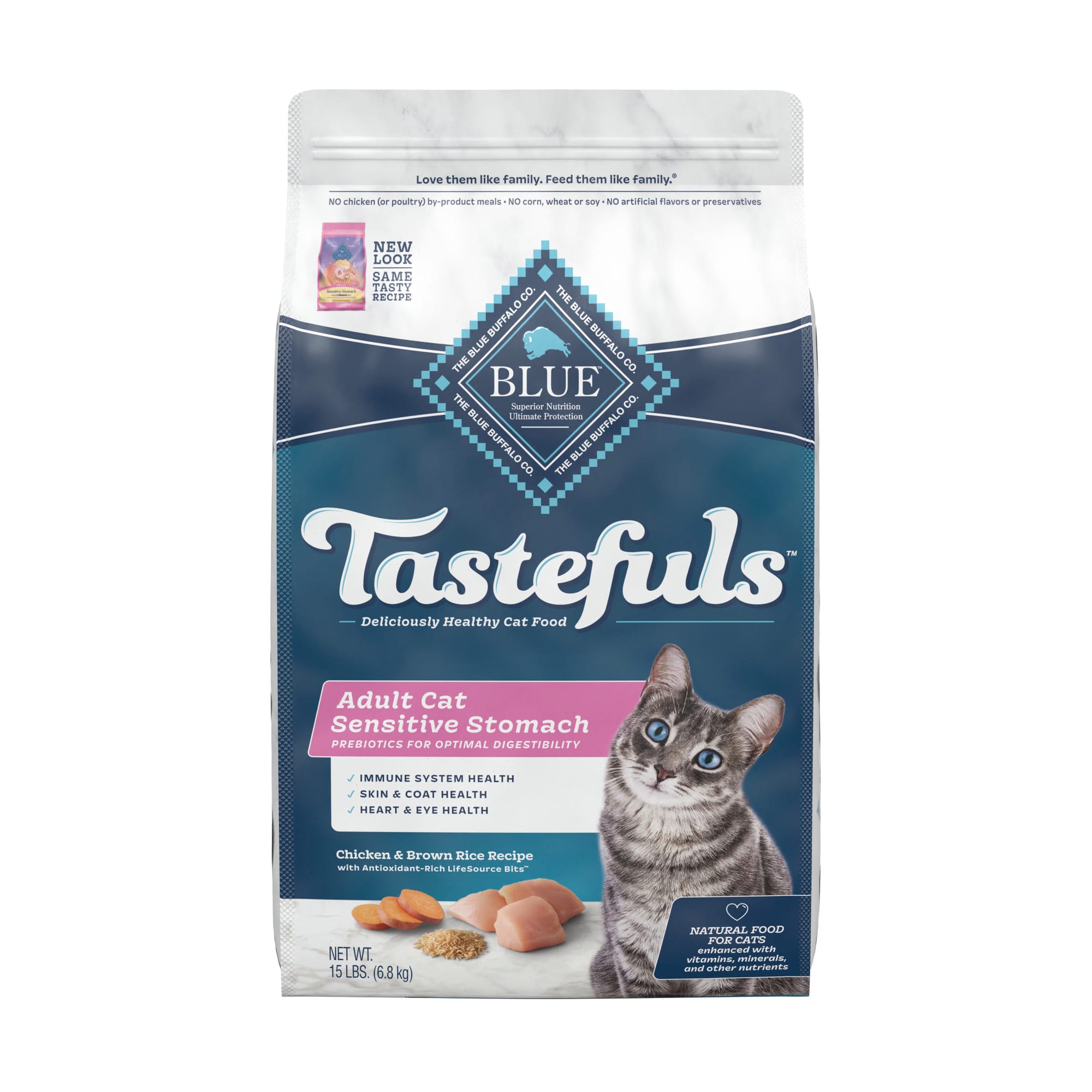 Blue Buffalo Blue Tastefuls Chicken and Brown Rice Recipe Adult Sensitive Stomach Natural Dry Cat Food， 15 lbs.