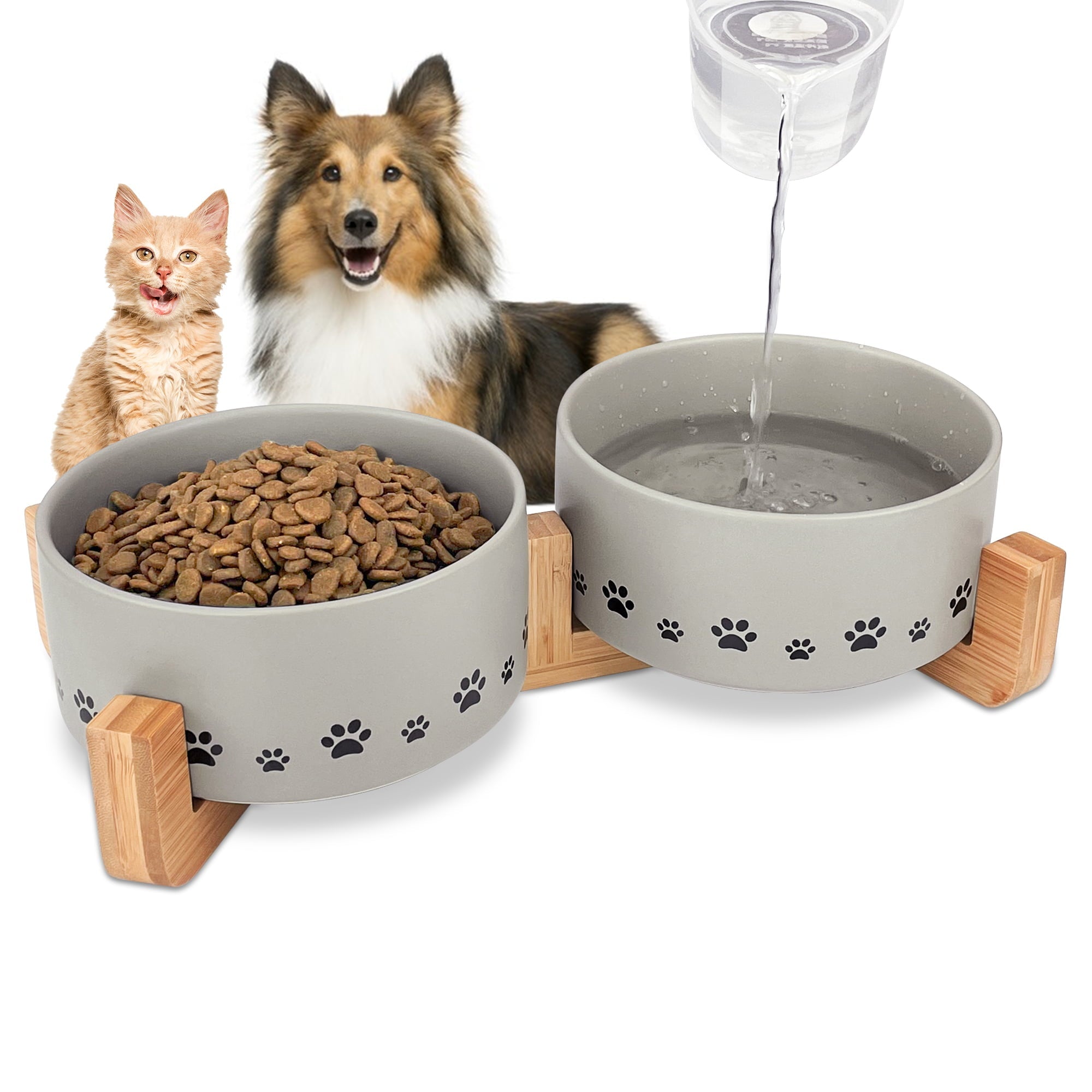 Ptlom Ceramic Cat and Dog Feeding Bowl, Pet Food and Water Bowls Set with Stand