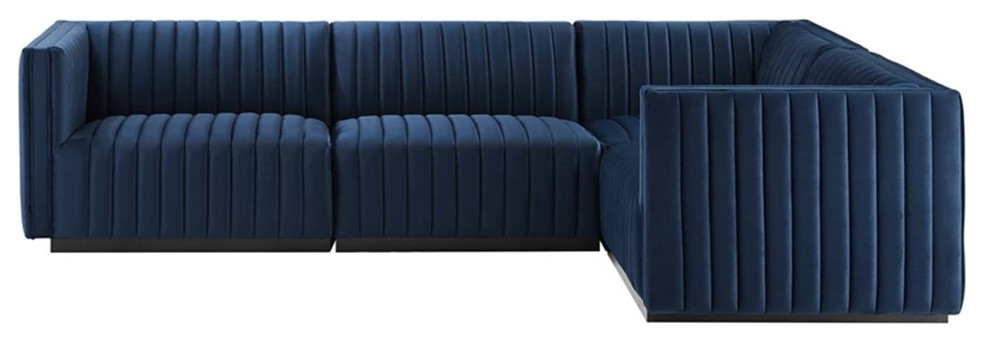 Conjure Channel Tufted Performance Velvet 4 Piece Sectional  Black Midnight Blu   Contemporary   Sectional Sofas   by Homesquare  Houzz