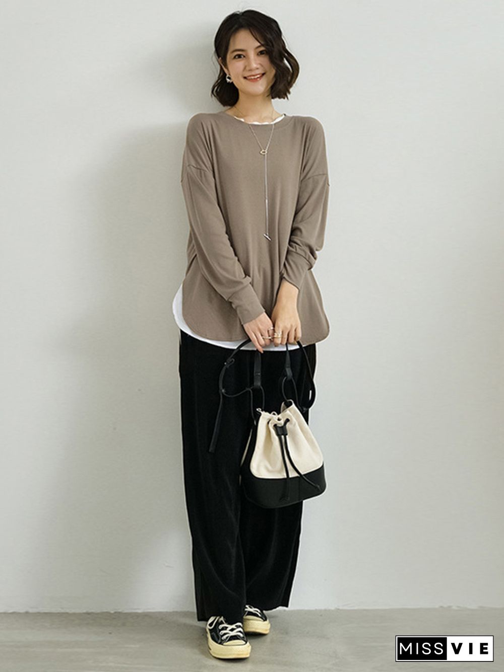 Simple Long Sleeves Loose Split-Side Solid Color Round-Neck T-Shirts Tops