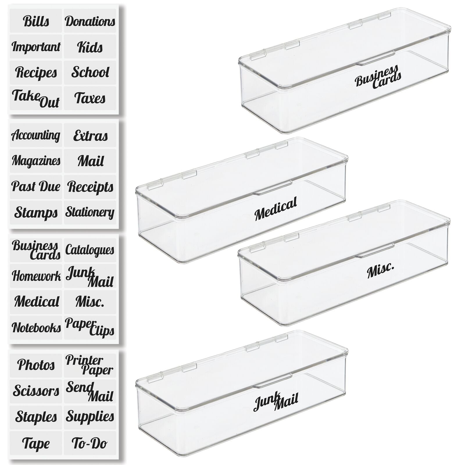 mDesign Plastic Stackable Home, Office Supplies Storage Organizer Box with Hinged Lid - for Note Pads, Gel Pens, Staples, Dry Erase Markers, Tape - 13 Inches Long, Pack of 4, 32 Labels - Clear