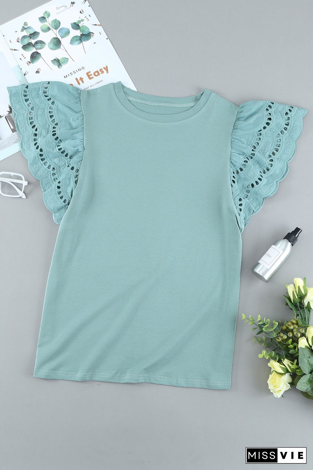 Green Hollow Out Ruffle Sleeve T-shirt