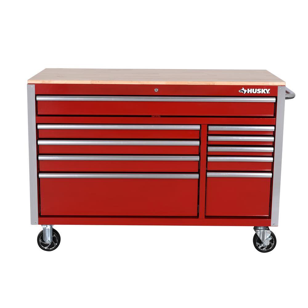 Husky 52 in. W x 24.5 in. D Standard Duty 10-Drawer Mobile Workbench Tool Chest with Solid Wood Top in Gloss Red H52MWC10RED