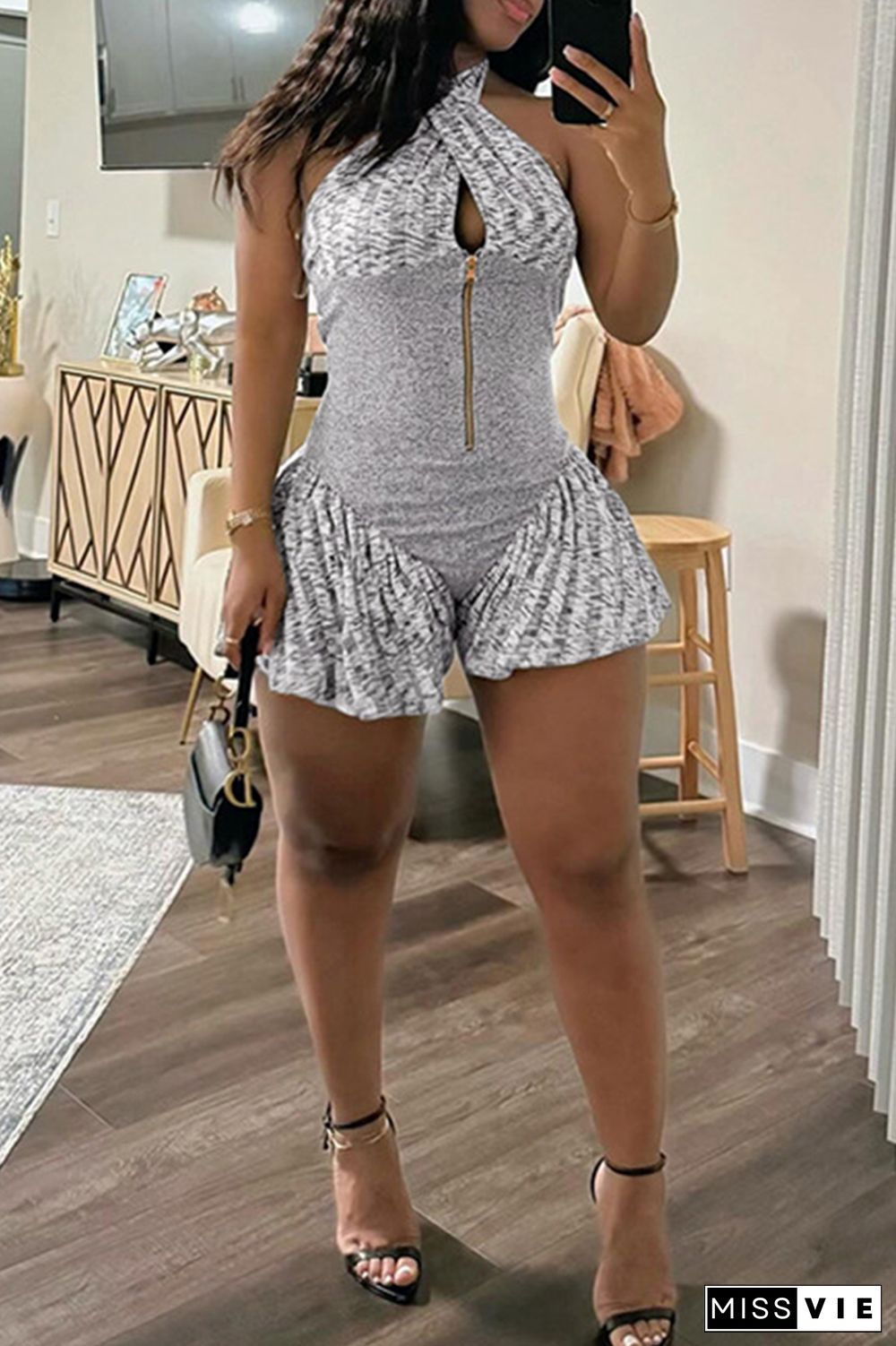 Sexy Patchwork Backless Zipper Halter Regular Rompers