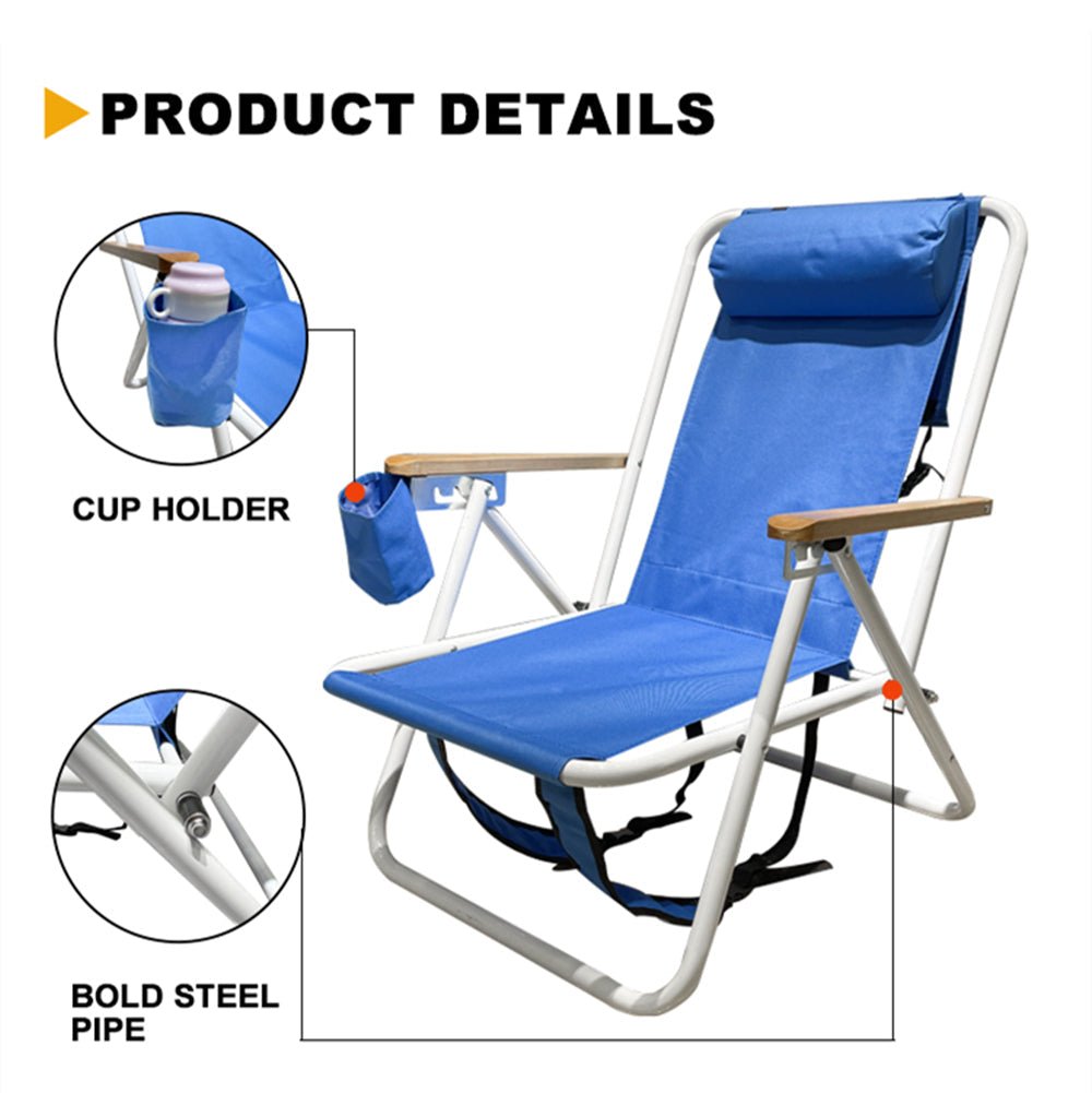 Folding Lawn Chair Backpack Beach Chair with 4 Positions, Arms, Shoulder Strap, Cup Holder for Outdoor, Sports, Camping, Pool