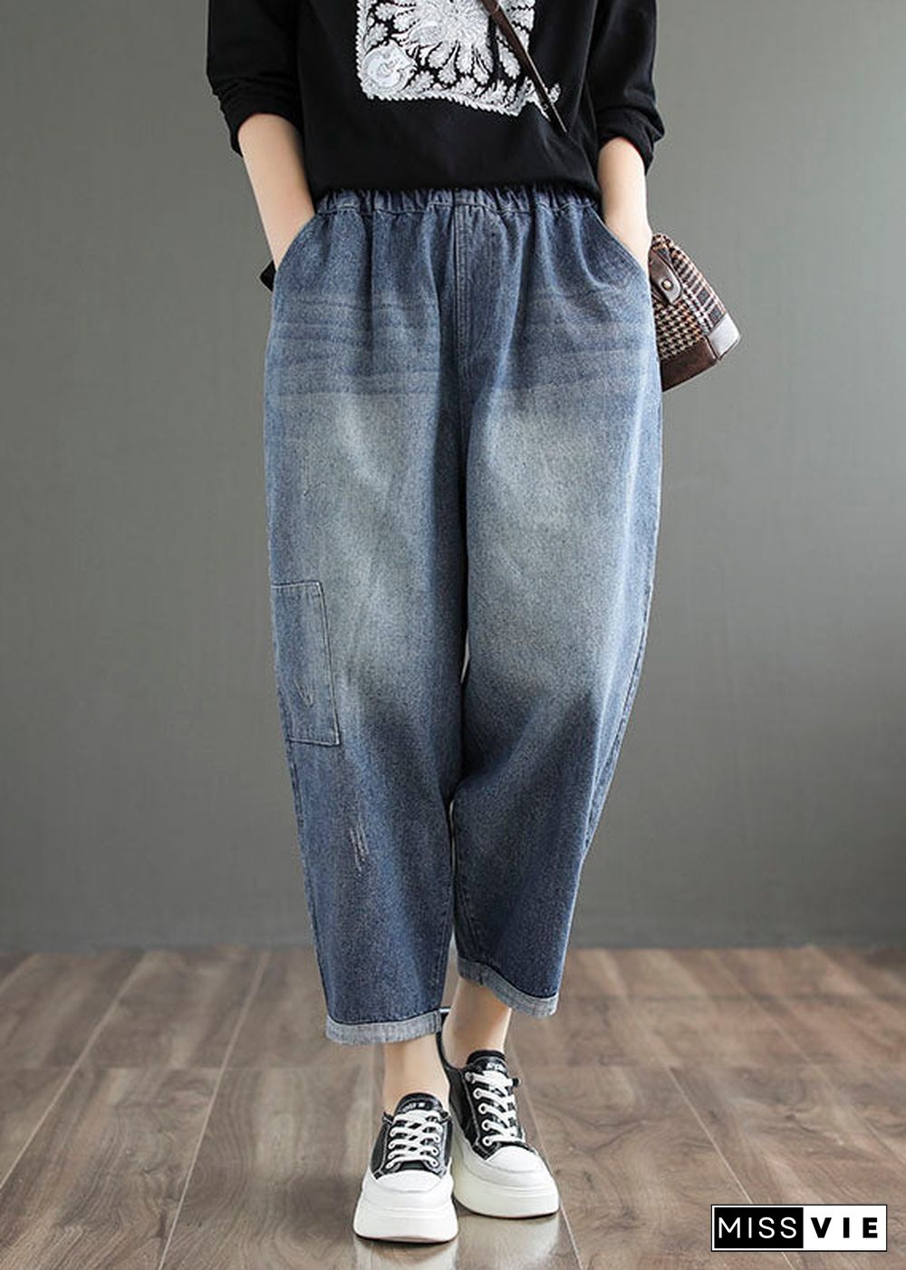 Stylish Denim Blue Solid Color Elastic Waist Pockets Patchwork Applique Cotton Harem Pants Summer