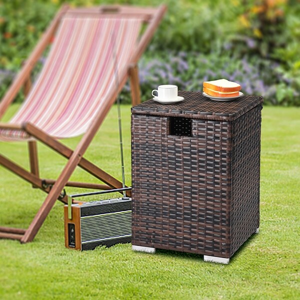 Outdoor Rattan Side Table with Storage Space，Iron Frame Coffee Table