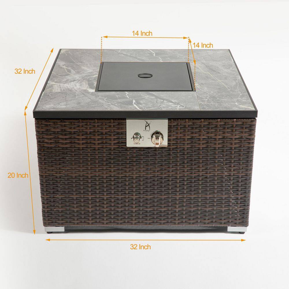 Tunearary 50000BTU Outdoor Rattan 32in Square Fire Pit Table Ceramic Tile Tabletop W853HZP40126