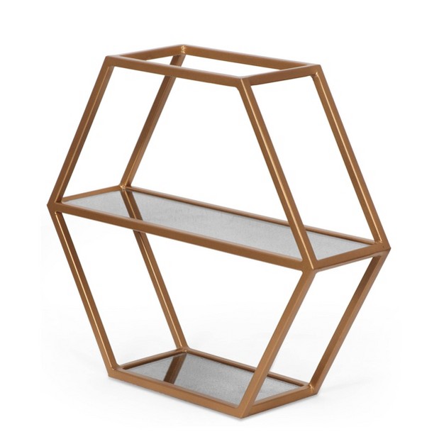 Lepley Modern Glam Handcrafted Glass 2 Shelf Hexagonal Decorative Shelf Antique Gold Christopher Knight Home