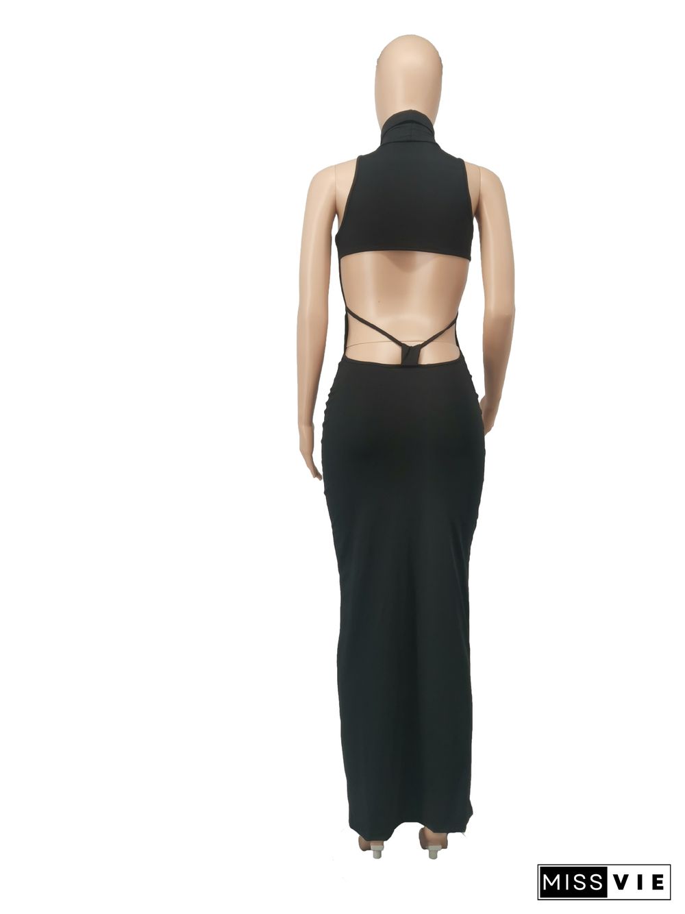 Solid Color Turtleneck Sleeveless Sexy Hollow Out Backless High Waist Skinny Split Party Long Dress