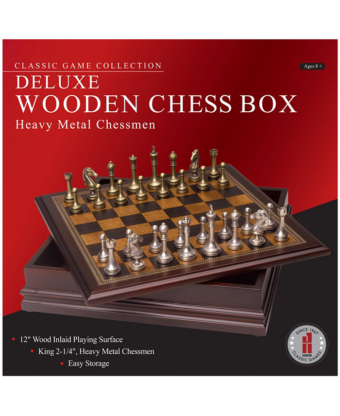 John N. Hansen Co. Classic Game Collection - Deluxe Wooden Chess Box with Heavy Metal Chessmen