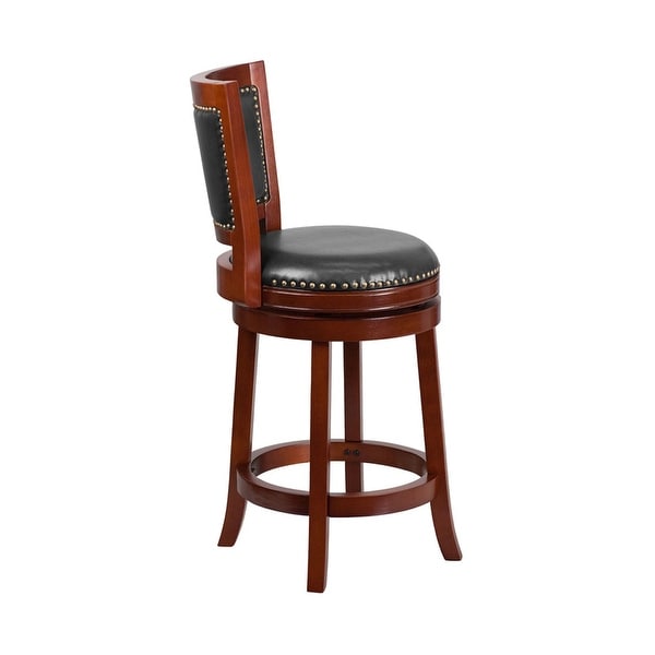 Offex 26'' High Dark Cherry Wood Counter Height Stool with Open Panel Back and Walnut LeatherSoft Swivel Seat - N/A