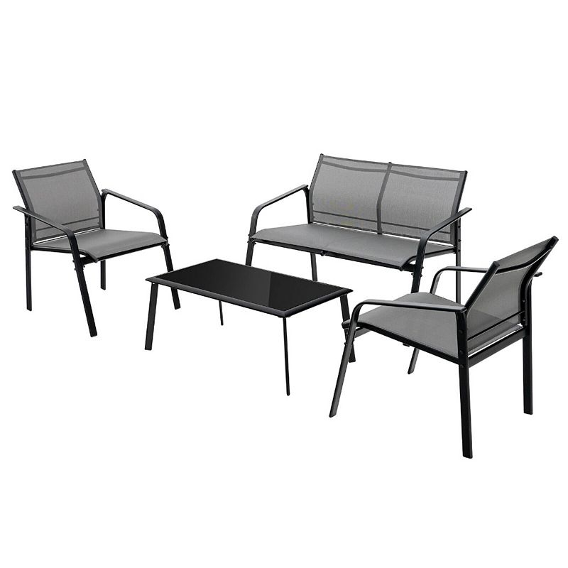 4 Pieces Patio Furniture Set with Armrest Loveseat Sofas and Glass Table Deck