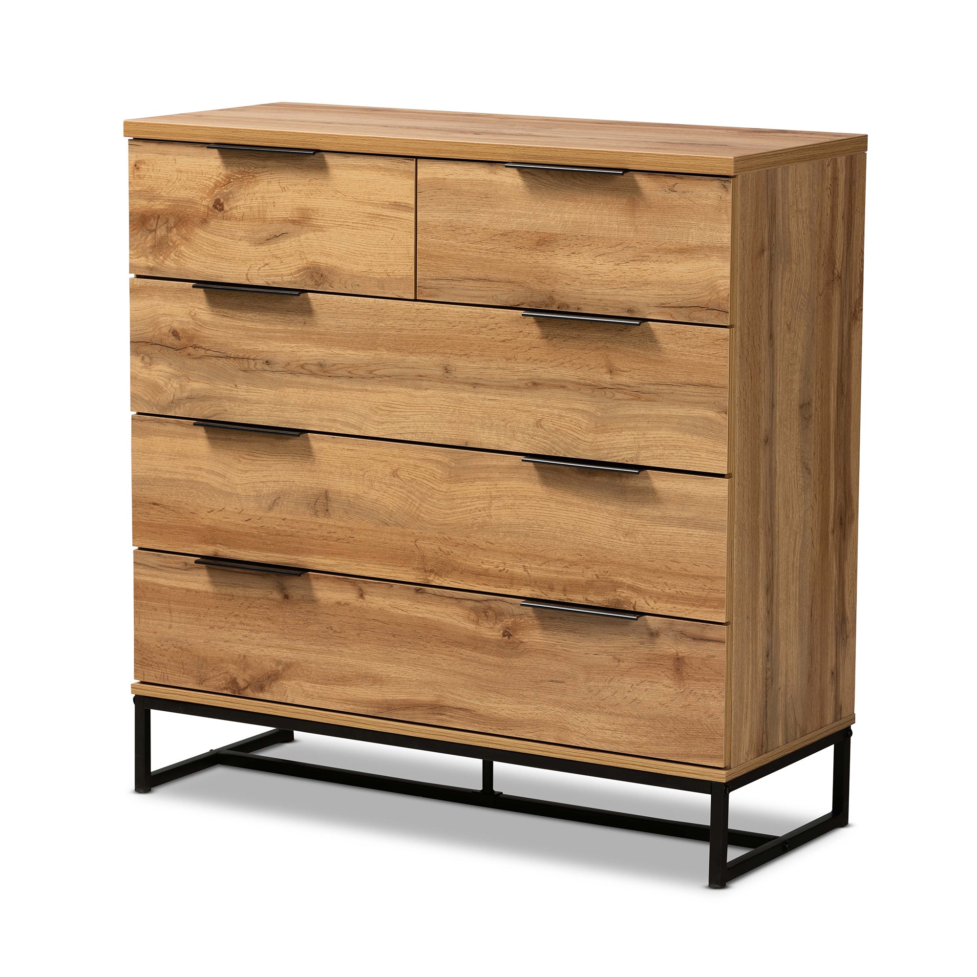 Baxton Studio Franklin Modern and Contemporary Oak Finished Wood and Black Finished Metal 5-Drawer Bedroom Chest