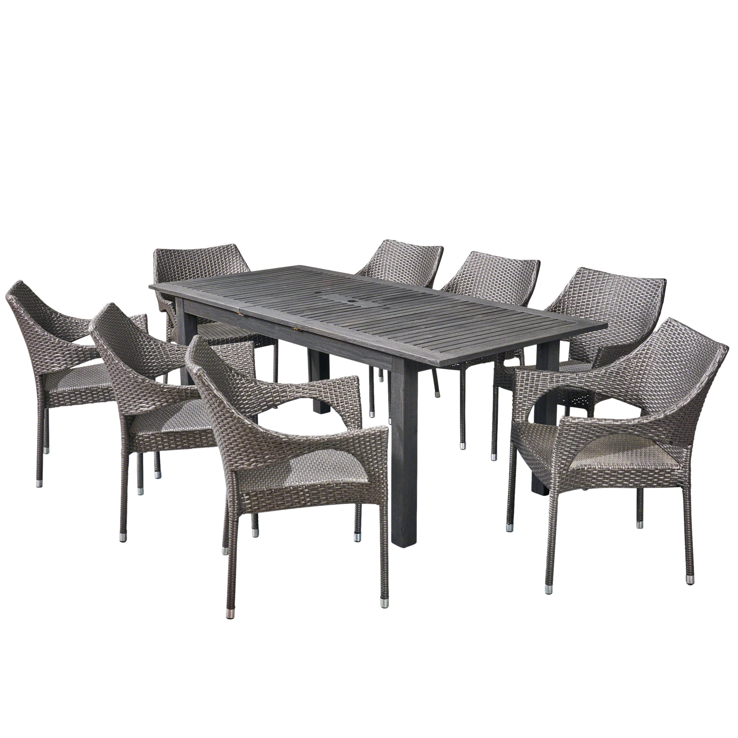 Kelly Outdoor Wood and Wicker Expandable Dining Set