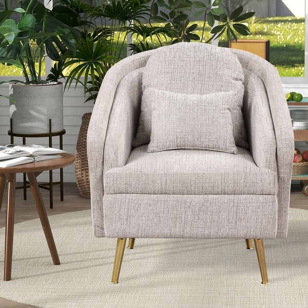 Modern Living Room Accent Chair Velvet Arm Chair Upholstered Barrel Chair Metal Leg Club Chair with Lumbar Pillow， for Bedroom