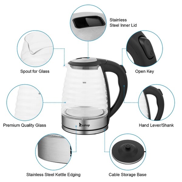 1.8L Stainless Steel Electric Kettle， Borosilicate Glass Kettle