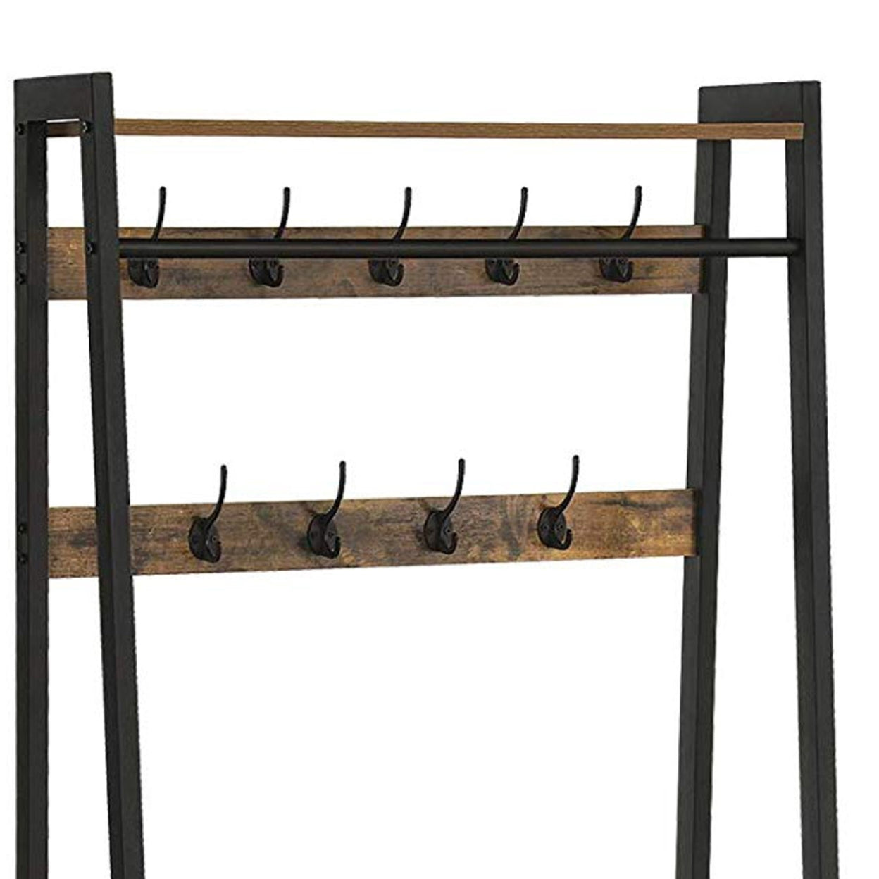 Iron Framed Coat Rack with Two Storage Shelves and Hanging Rail， Brown and Black- Saltoro Sherpi