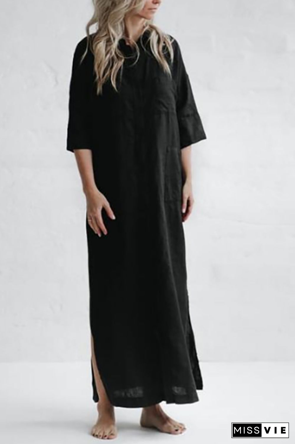 Linen Button Pockets Shirt Maxi Dress