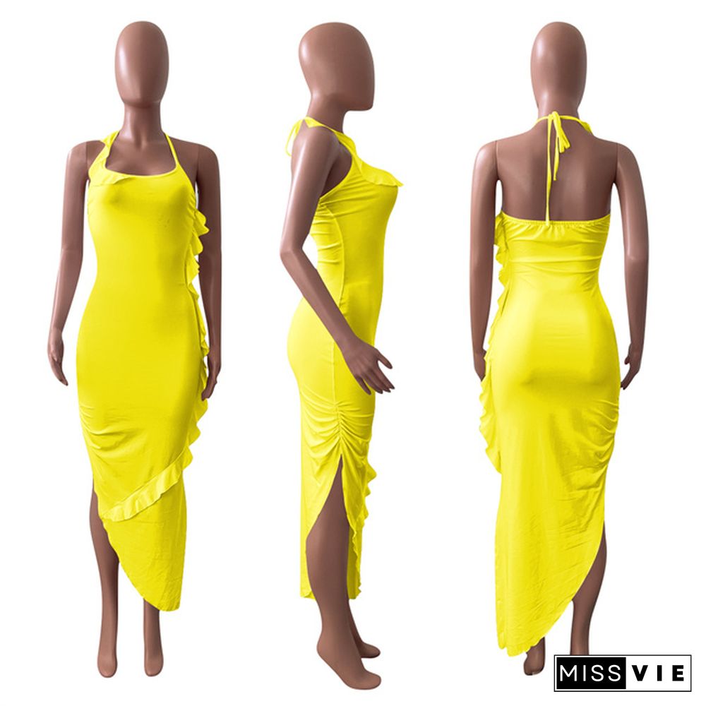 Elegant Solid Color Ruffles Women Summer Sexy Asymmetric Night Club Halter Bodycon Maxi Dress