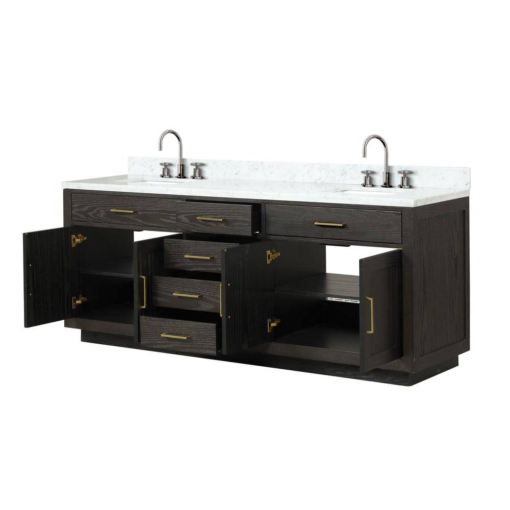 Lexora Condor 84 in W x 22 in D Black Oak Double Bath Vanity Carrara Marble Top and Faucet Set LVCO84DJ101