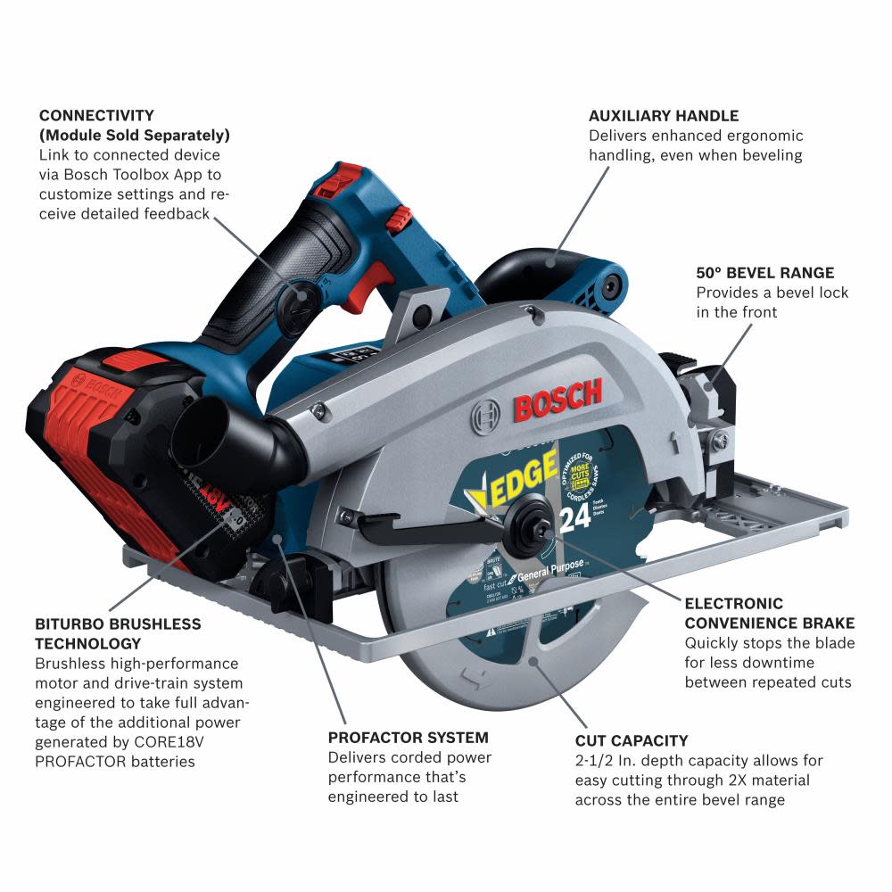 Bosch PROFACTOR 18V Strong Arm Connected-Ready 7-1/4 Circular Saw Kit with Track Compatibility and 1 CORE18V 8.0 Ah PROFACTOR Performance Battery