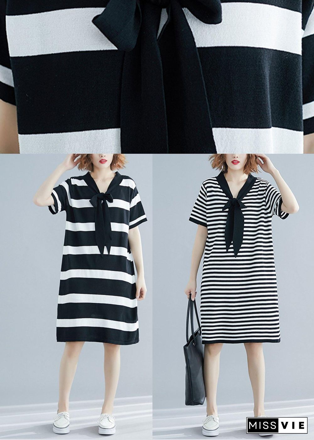 Beautiful Black White Narrow Striped Short Sleeve Summer Cotton Dress