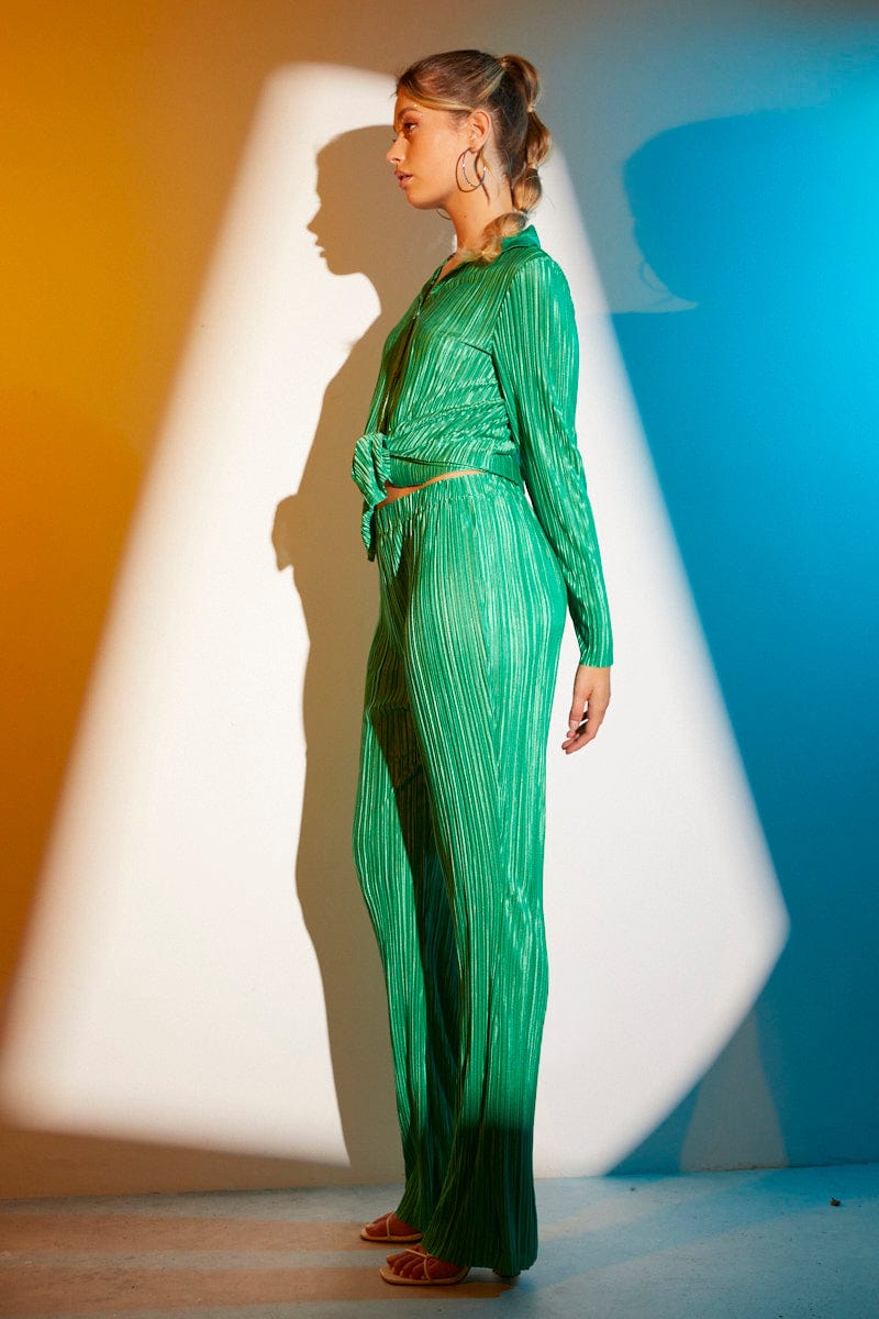 Green Plisse Pant Wide Leg