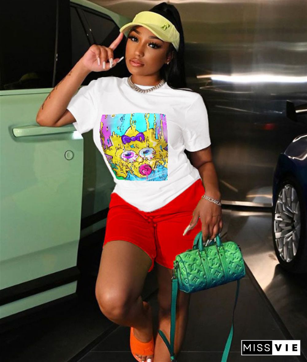 Cartoon Print Short Sleeve T Shirt Tops Shorts Suit