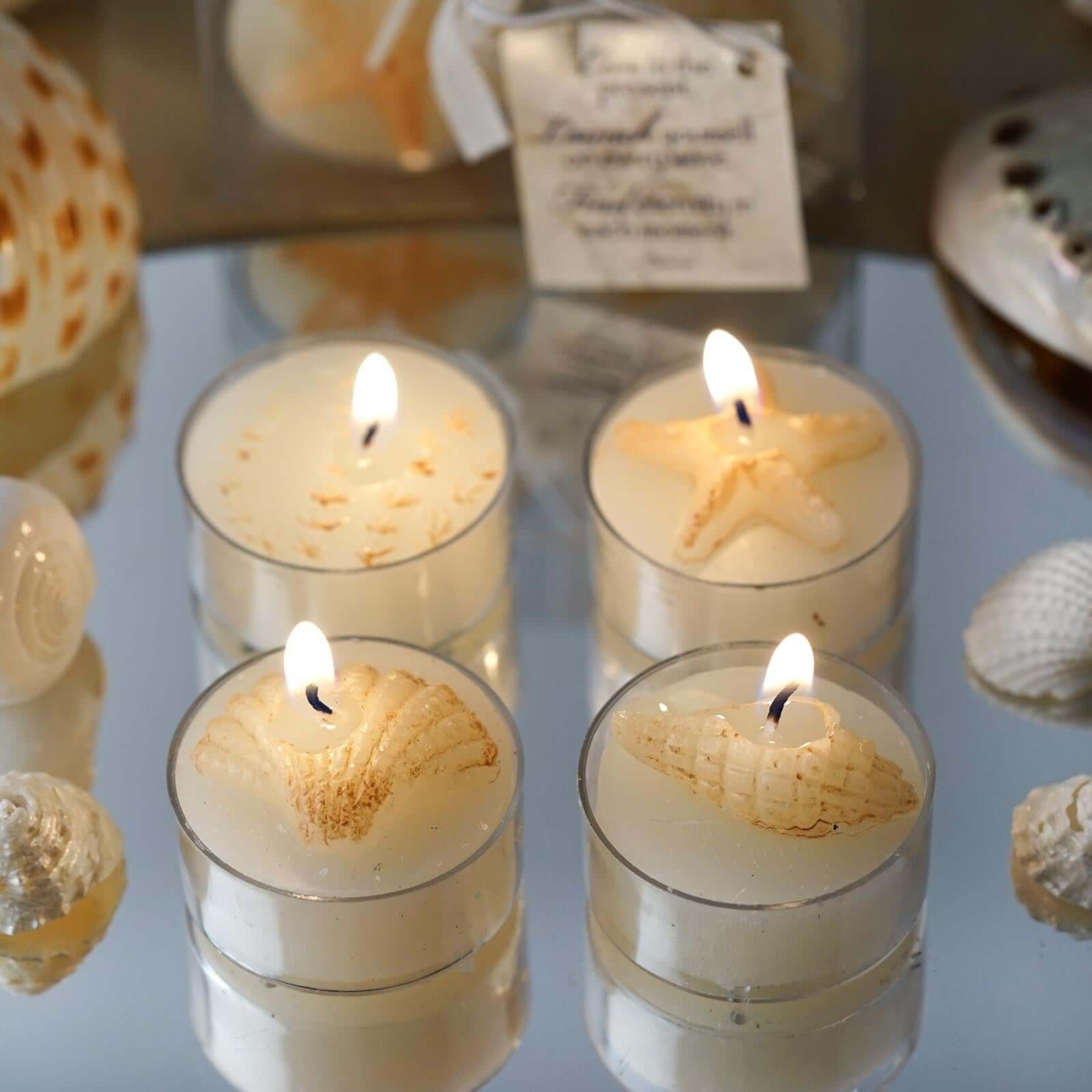 4 Pack Gift Wrapped Island Sea Shell Tea Light Candle Party Favors With Thank You Tag