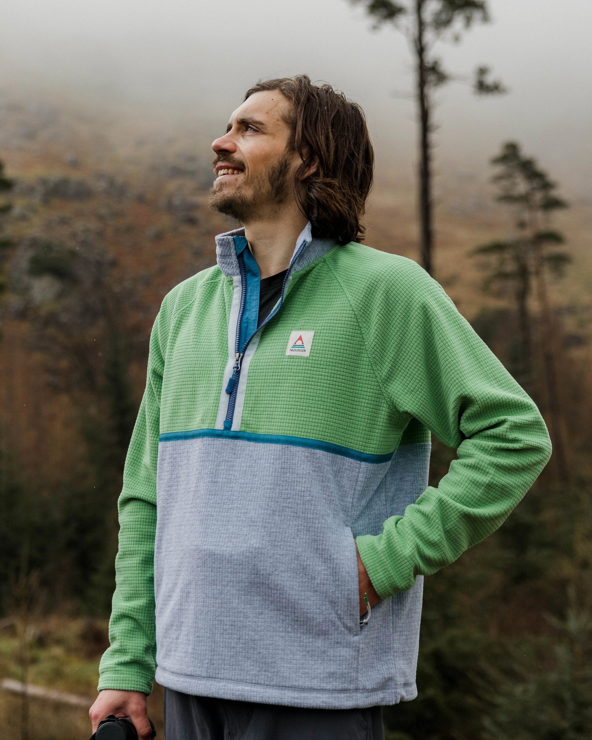 Overlook Recycled Grid Polar Fleece - Green Spruce/Grey Marl