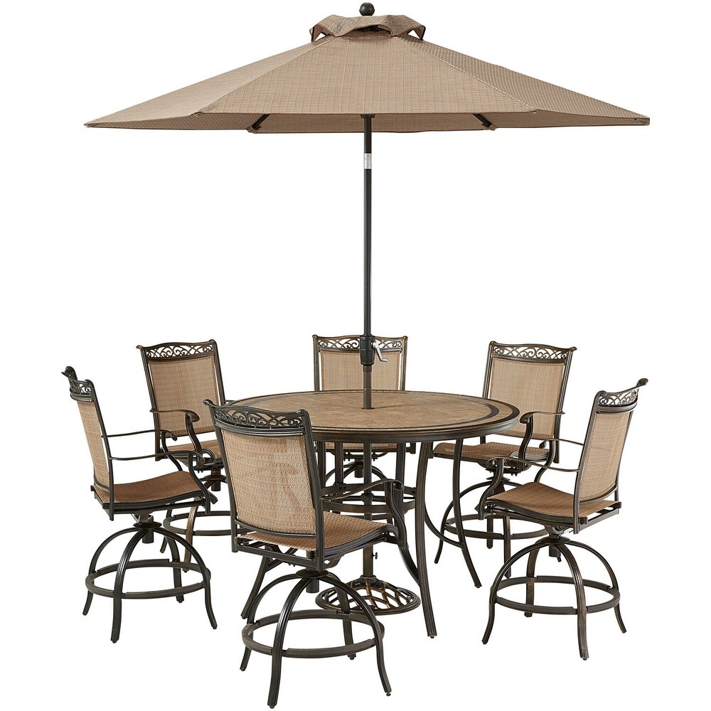 Hanover Fontana 7 Piece High Dining Set with 6 Counter Height Swivel Chairs  56 in. Tile Top Table  Umbrella and Umbrella Base