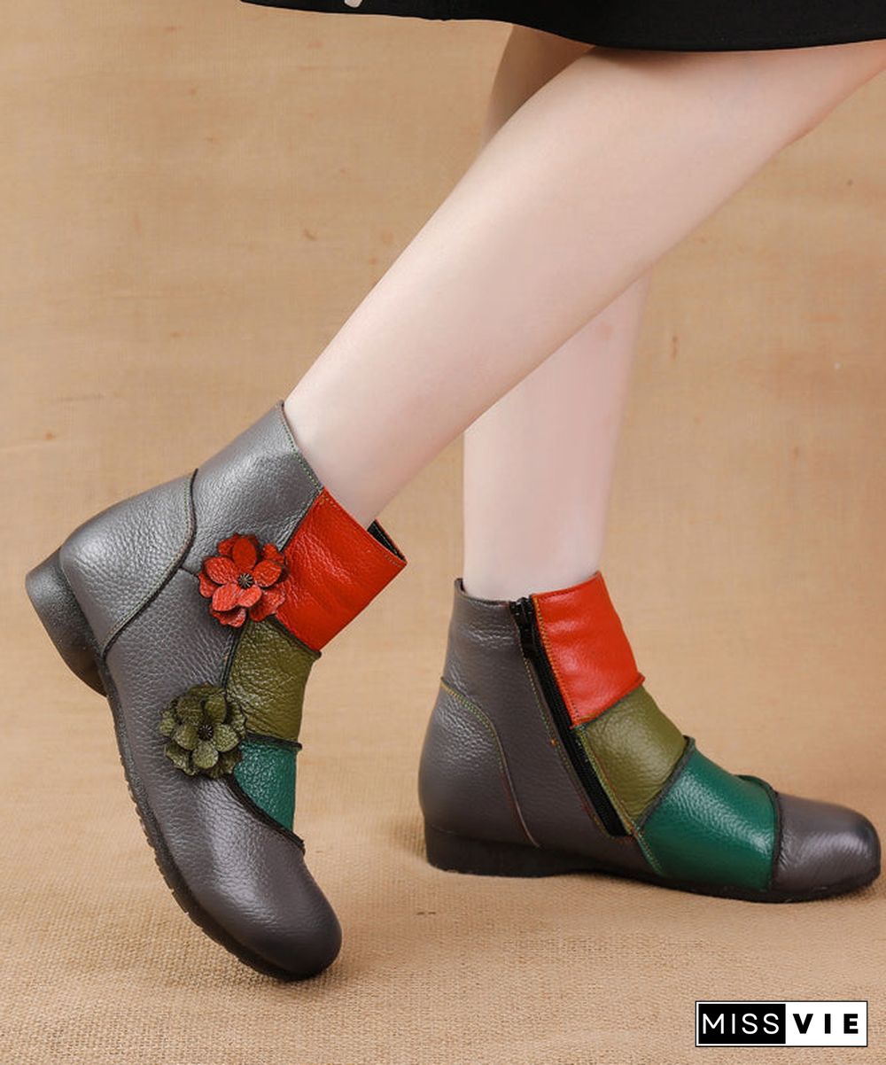 Soft Cowhide Leather Boots Boho Black Splicing Floral