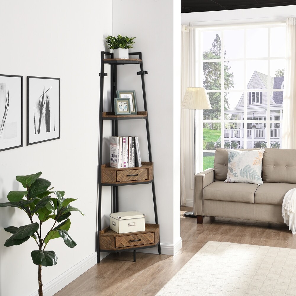 Corner Shelf with 2 Small Storage Cabinets  72.6'' Tall 4 tier Industrial Bookcase for Living Room  Office