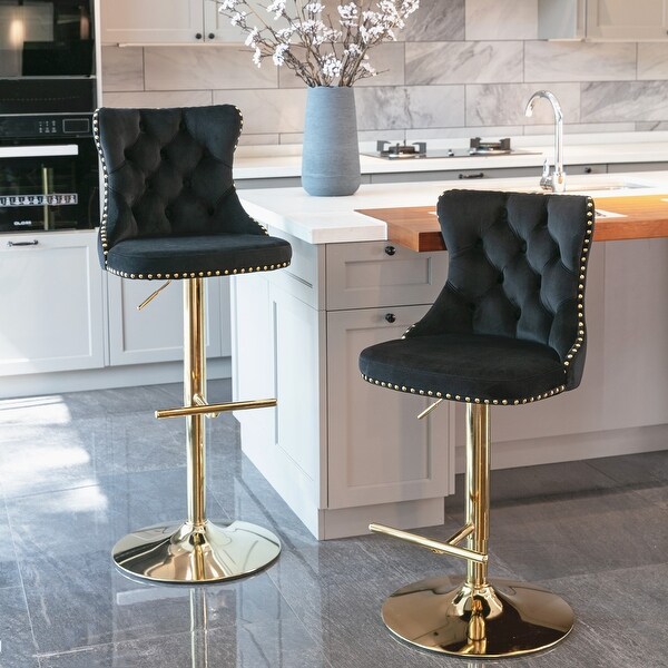 Set of 2 Golden Swivel Velvet Barstools with Backs Comfortable Tufted