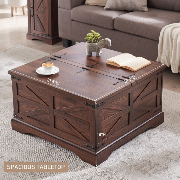 Farmhouse Coffee Table， Square Wood Center Table with Large Hidden Storage Compartment for Living Room， - as picture