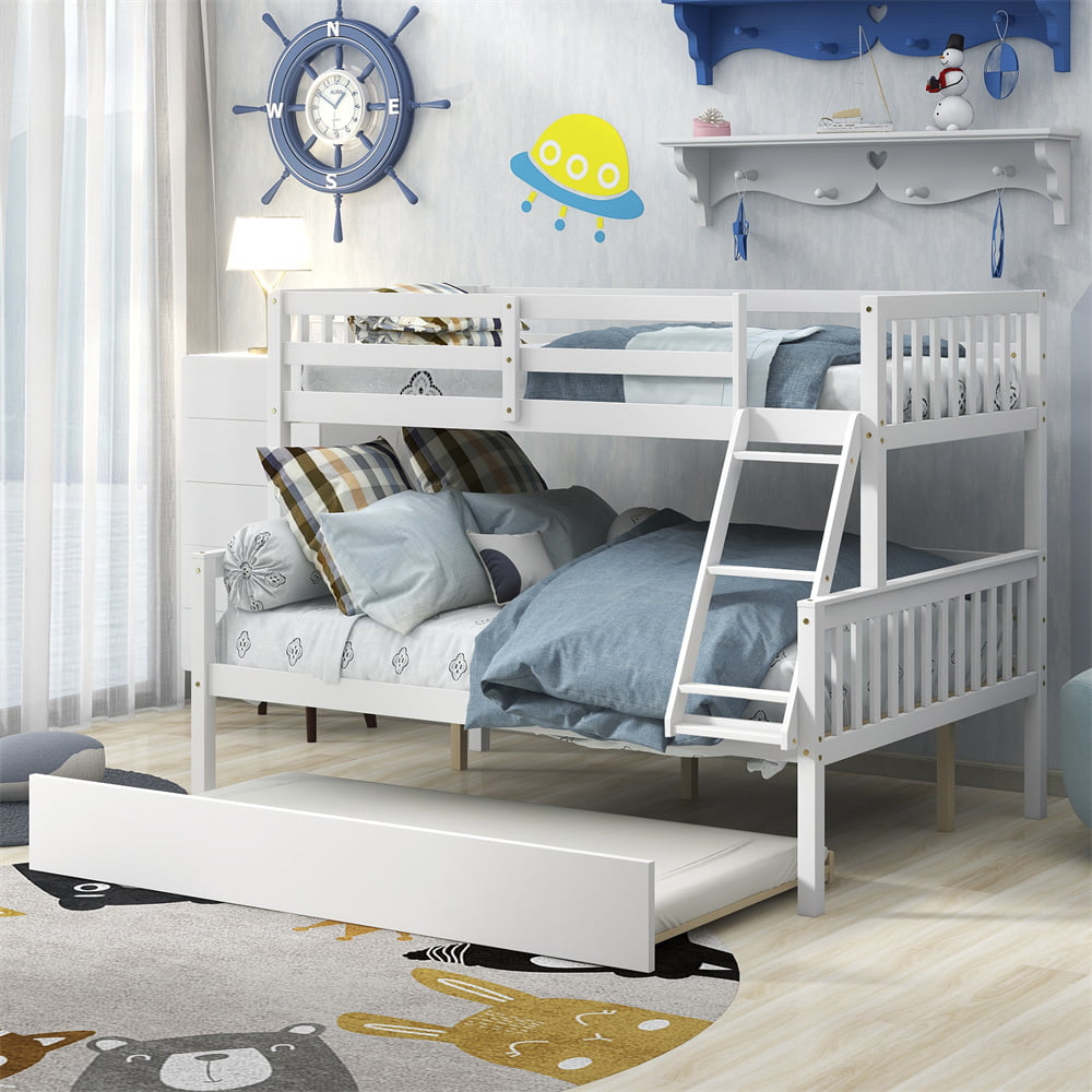 Twin Over Full Bunk Bed with Trundle, Pine Wood Bed Frame and Ladder with Guard Rails for Toddlers, Kids, Teens, Boys and Girls, White