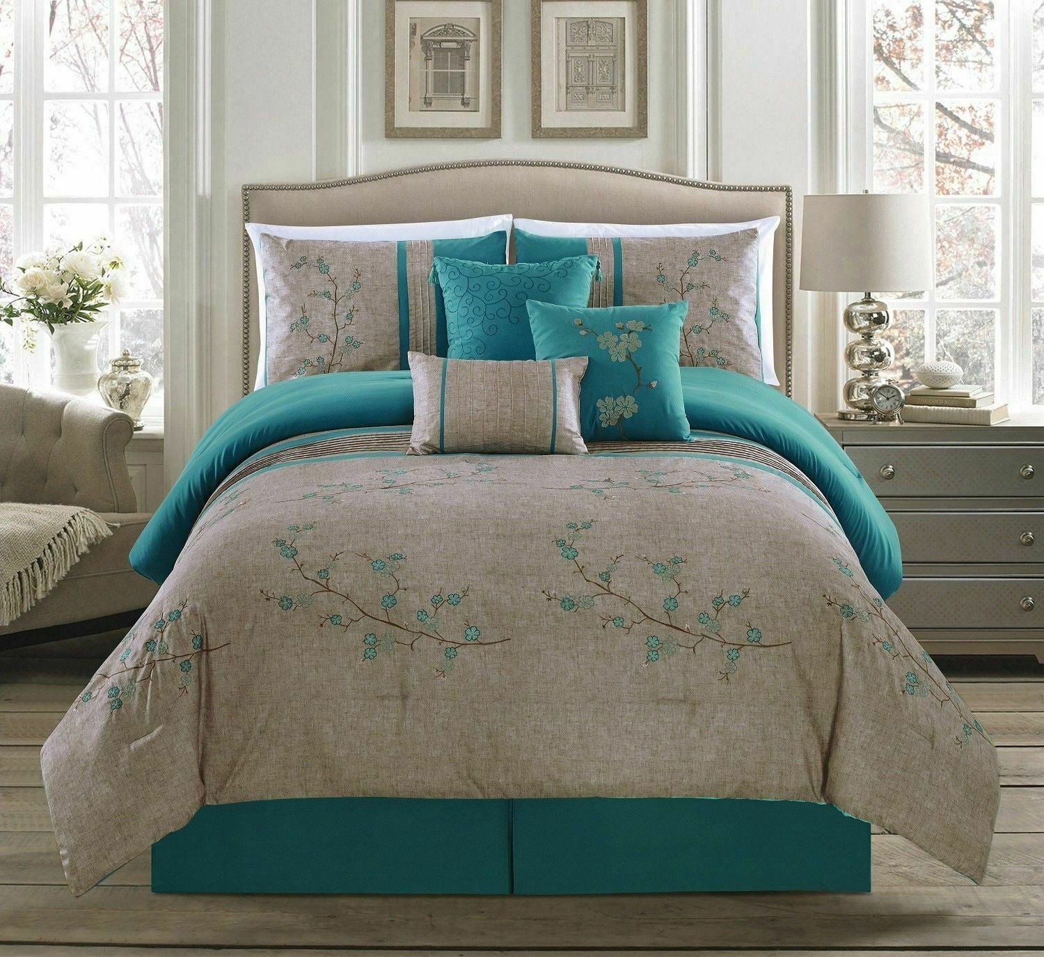 Chezmoi Collection Luxury Floral 7 Piece Comforter Sets， Full with Shams， Bed Skirt， Cushions， Breakfast Pillow