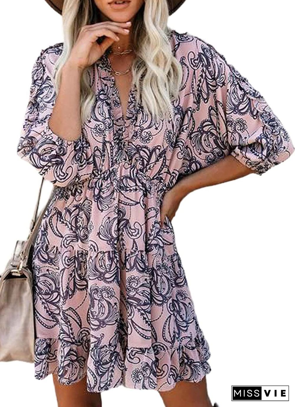 Ditsy Floral Prints Ruffle Edge Tiered Long Sleeve Boho Dress