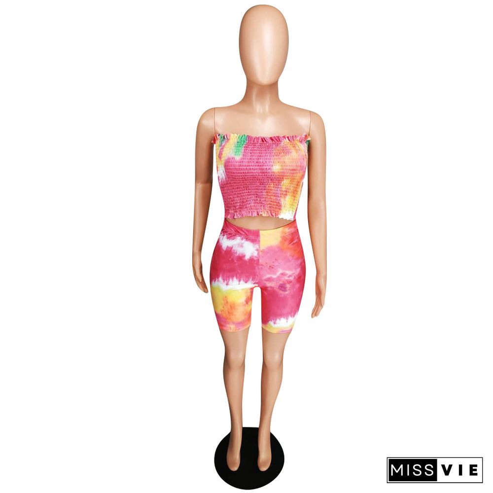 Sexy Strapless Folds Tie-dye Shorts Set 2 Pieces