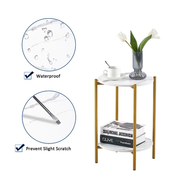 2-layer End Table with Tempered Glass and Marble Tabletop