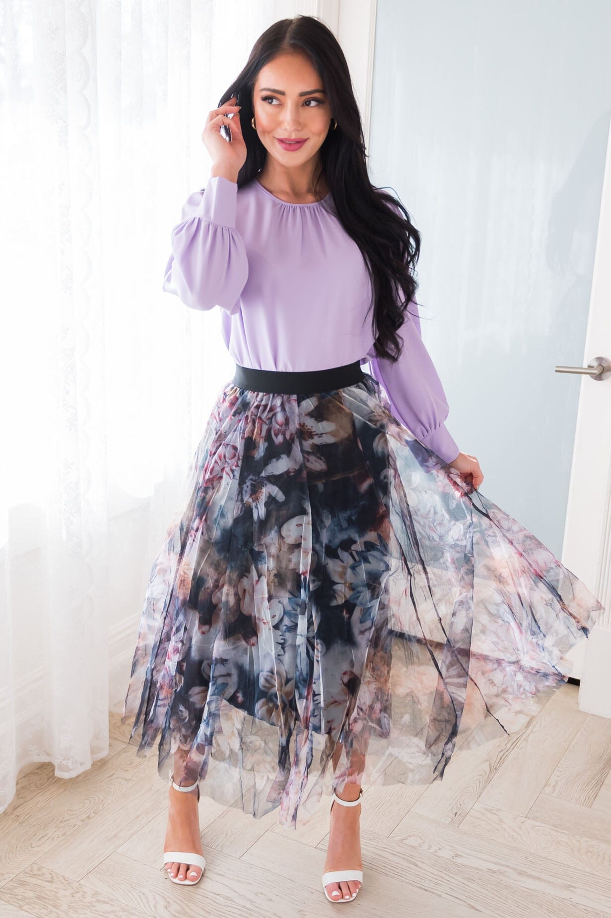 Graceful Floral Modest Tulle Skirt