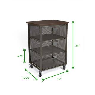 Mind Reader 3 Tier Metal Mesh Mobile Cart in Black with Brown Top 3TMESHC-BLK