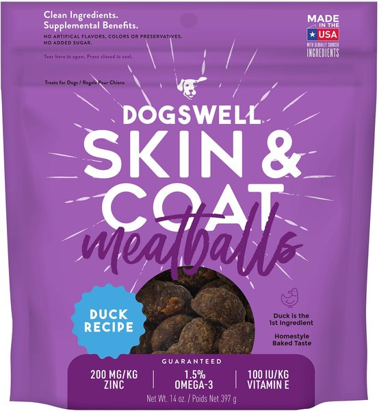 Dogswell Skin and Coat Duck Recipe Meatballs Dog Treats， 14-oz bag