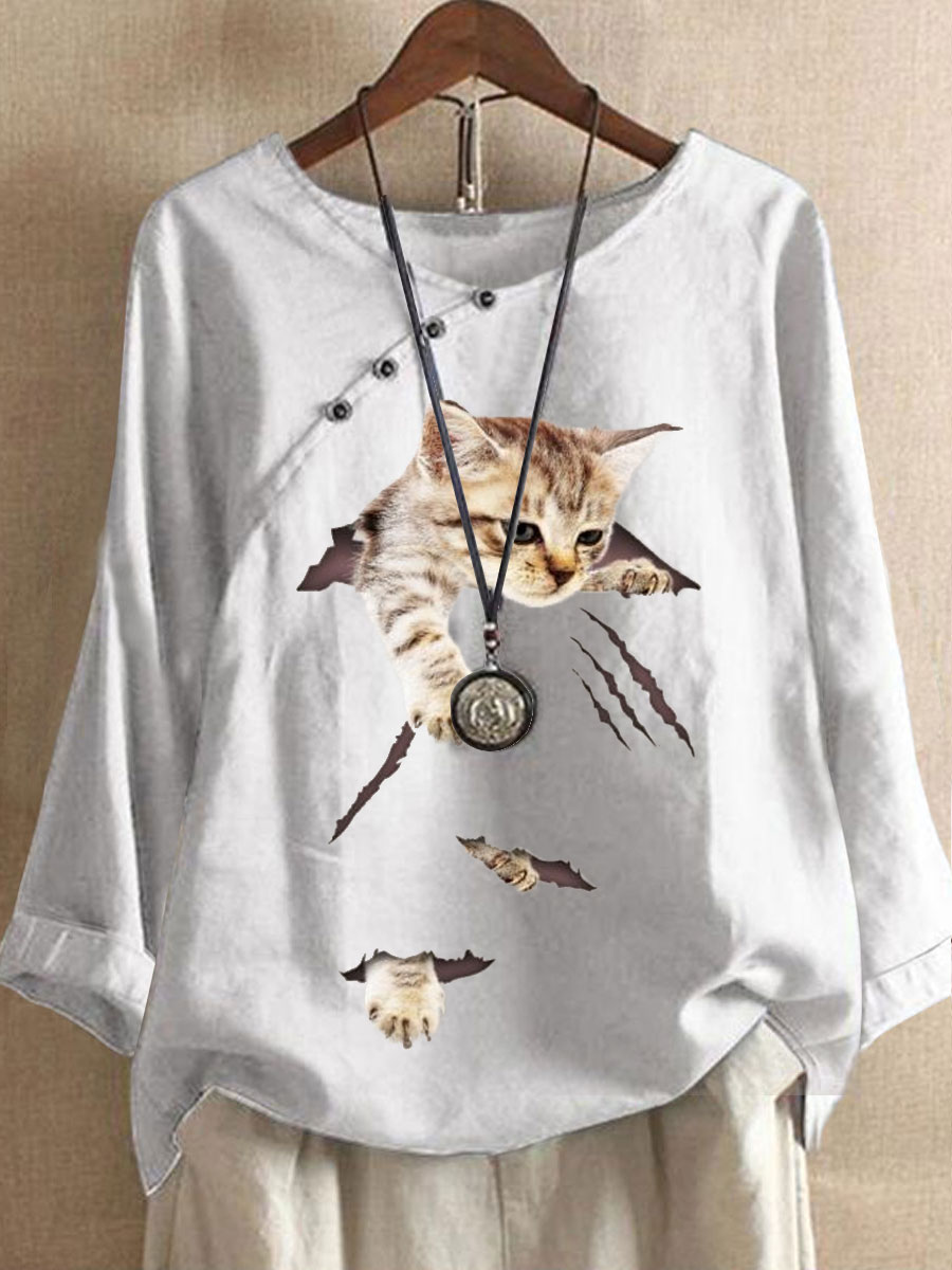 Round Neck Casual Loose Cat Print Long Sleeve Blouse