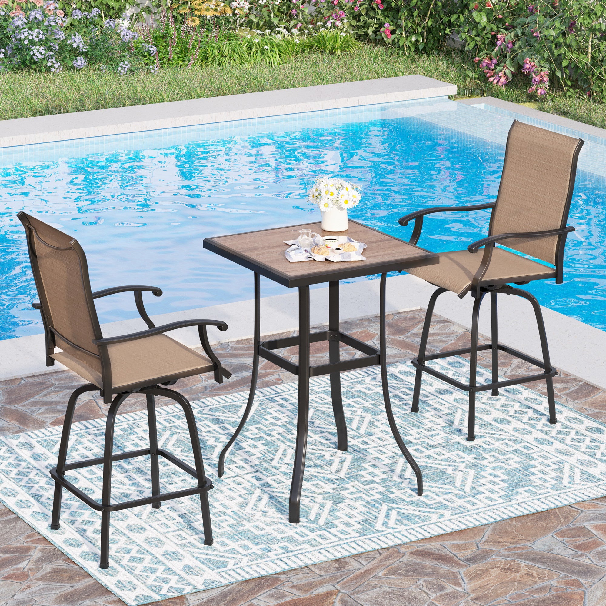 Sophia and William 3 Piece Outdoor Bar Set Patio Bar Height Swivel Chairs and Table Bistro Set