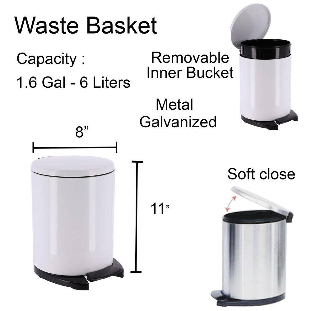 Soft Close Round Metal Step Trash Can Waste Bin 6-liters 1.6-gal. in White 6546100