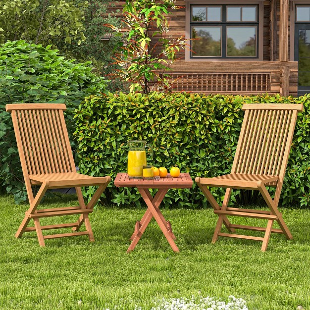 Costway 3pcs Patio Bistro Set Square Table Teak Wood Folding Chair Slatted Tabletop Seat