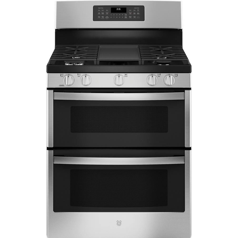 GE 30 in. 6.8 cu. ft. Freestanding Double Oven Gas Range in Stainless Steel with Convection and Air Fry JGBS86SPSS