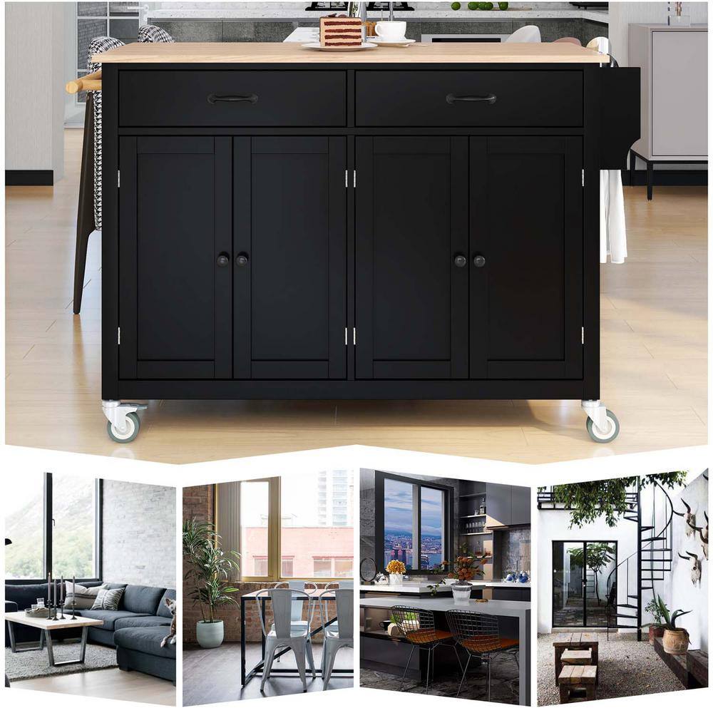 Black Wood Kitchen Island Cart with 2-Drawers and Locking Wheels BF1663C250